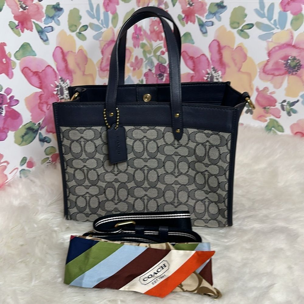 Coach Signature Jacquard Field Tote 30 Navy Blue Crossbody Bag - Picture 17 of 17